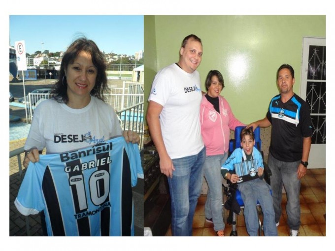 Com a ajuda da voluntária Maria Gicelda Vieira enviamos para Passo Fundo um kit completo com camiseta personalizada, calção e meia do Grêmio para o garoto Gabriel. De Passo Fundo o Cônsul do Tricolor na cidade tratou de levar para á cidade de Pontão e em mãos entregar para o menino. É a corrente do bem que se forma mais uma vez.