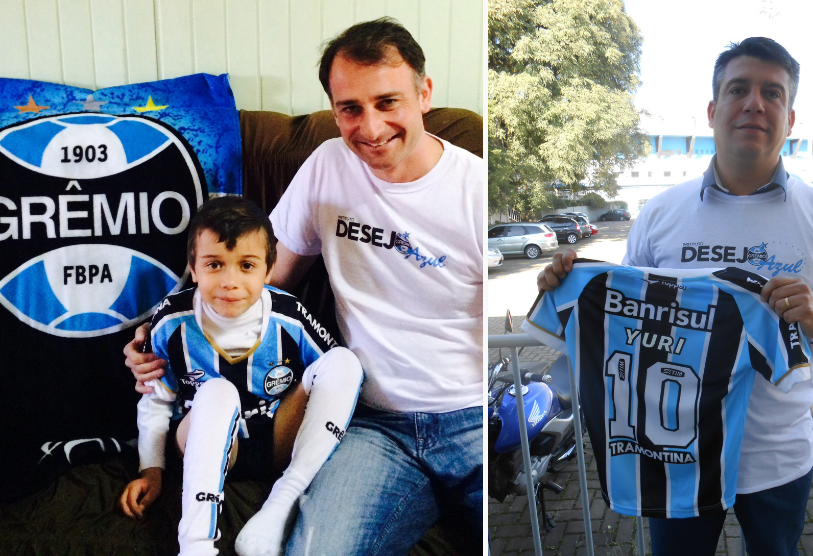 
Yuri é um gremistão e mora em Bento Gonçalves. Segundo sua mãe que nos escreveu tinha quase tudo do Grêmio, menos o uniforme completo. Era hora de formar mais uma corrente do bem. Em Porto Alegre o voluntário Rafael Castro postou a camiseta pelo Correio para a cidade da serra gaúcha. Quem recebeu foi o Cônsul do Grêmio em Bento, Anderson Zanella. Este tratou de ir até a residência do menino e entregar em mãos este presentão para a alegria e felicidade do Yuri! Realizada mais uma corrente do bem.
 