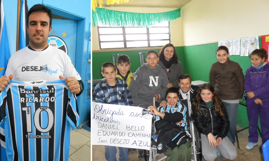 
Ricardo tem 16 anos e mora em Santa Vitória do Palmar. Sua professora a gremista Jane Madruga Greque entrou em contato com o Desejo Azul dizendo que ele era um menino adorável, fanático por futebol ,especialmente ao Grêmio. Seu desejo era receber uma camiseta do Imortal. Com a colaboração do voluntário Daniel Bello enviamos a camiseta para aquela cidade. Quem recebeu foi o Cônsul do Grêmio em Santa Vitória do Palmar, Adelson Rofer que tratou de levar pessoalmente na escola do menino para alegria e felicidade do Ricardo e de todos que presenciaram a ação na sua turma.
 