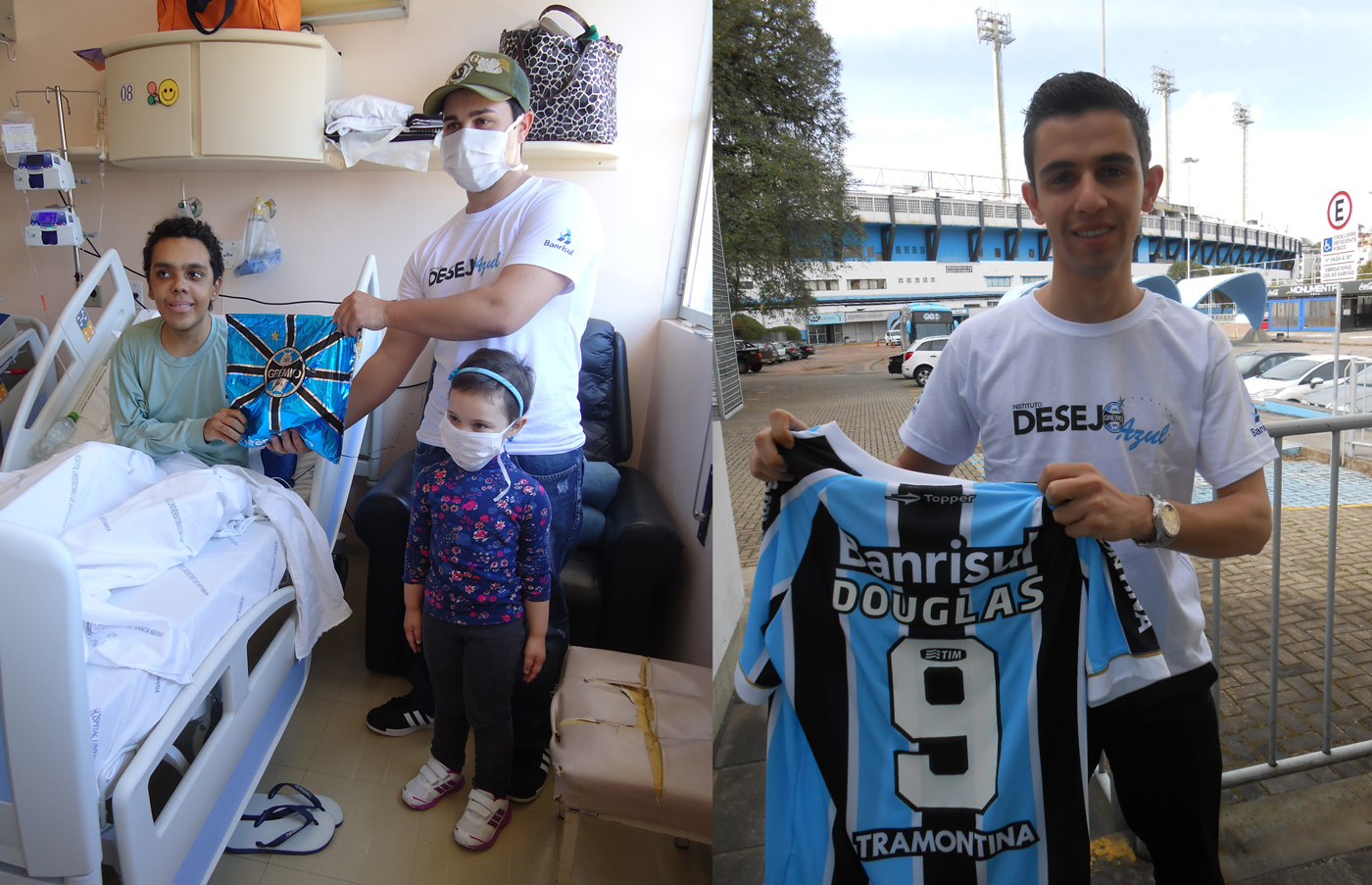 De Porto Alegre o voluntário Reginaldo Bueno postou a camiseta do Grêmio para satisfazer o desejo do menino Douglas em Santa Maria. Na Cidade Universitária o voluntário Norival Medeiros recebeu a camiseta e juntamente com sua filha Gabrielle conhecida também como " Piratinha" tratou de levar em mãos para o garoto que faz tratamento na Turma do Ique. Desejamos e estamos todos torcendo por ti Douglas ! É a corrente do bem que se forma novamente para mais uma ação do Desejo Azul.
 
