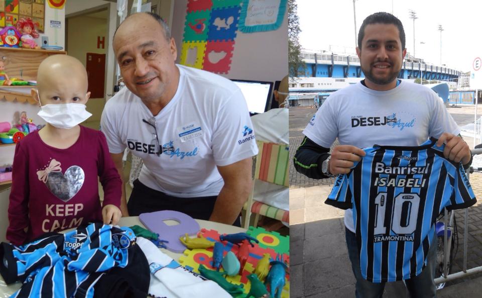 De Porto Alegre o voluntário Renato G. Haack postou a camiseta para Santa Maria. Nesta cidade o voluntário Airton Cesar Teixeira tratou de levar em mãos para a gremista Isabeli que faz tratamento na Turma do Ique. Saúde e força guerreira Isabeli! 