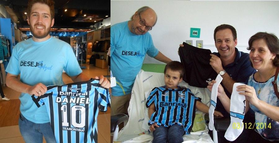 Em Porto Alegre o voluntário Thiago Raupp postou pelos Correios o uniforme completo do Grêmio. Quem recebeu primeiramente foi o voluntário Luís Antônio Vieira Carpes que tratou de levar até a Turma do Ique o uniforme para o menino Daniel para a alegria do menino e dos seus pais. O voluntário Thiago Raupp (esq.). Na foto ao lado, o voluntário Luíz Antônio Vieira Carpes, o menino Daniel e seus pais.