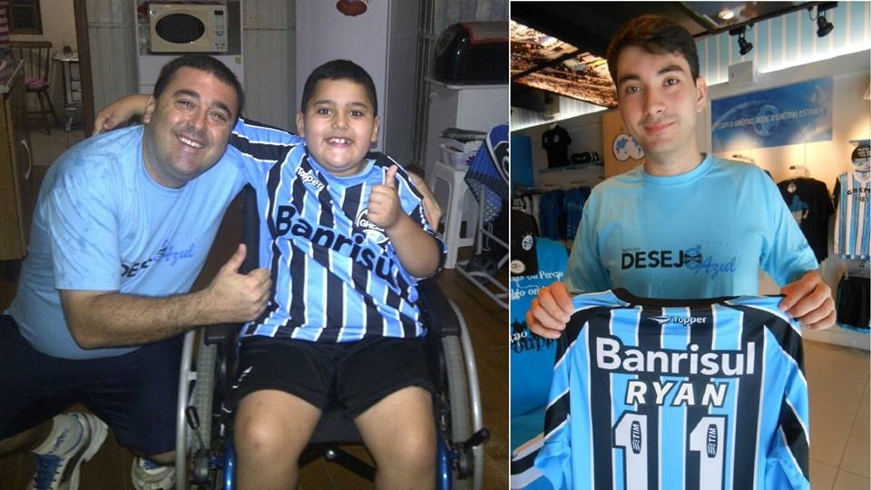 O voluntário Carlos André Haynech tratou de entregar em mãos ao Ryan a camiseta que o voluntário Lucas Vargas em Porto Alegre enviou pelo Correio.