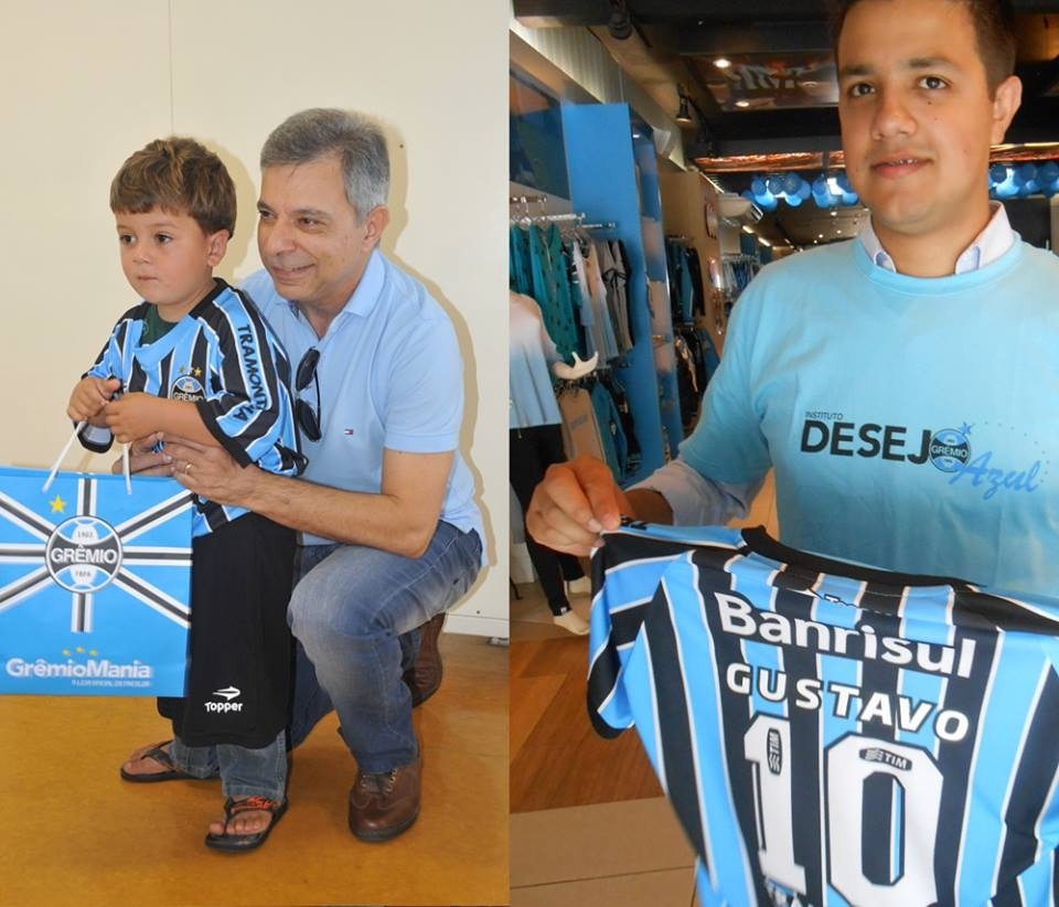 Em Porto Alegre o voluntário Éverton Lopes (foto direita) postou o kit completo com o uniforme do Grêmio para Santa Maria. Na Cidade Universitária quem recebeu primeiro foi o voluntário Eduardo Barichello ( foto esquerda ) que levou em mãos para o pequeno grande gremista Gustavo que faz tratamento na Turma do Ique.