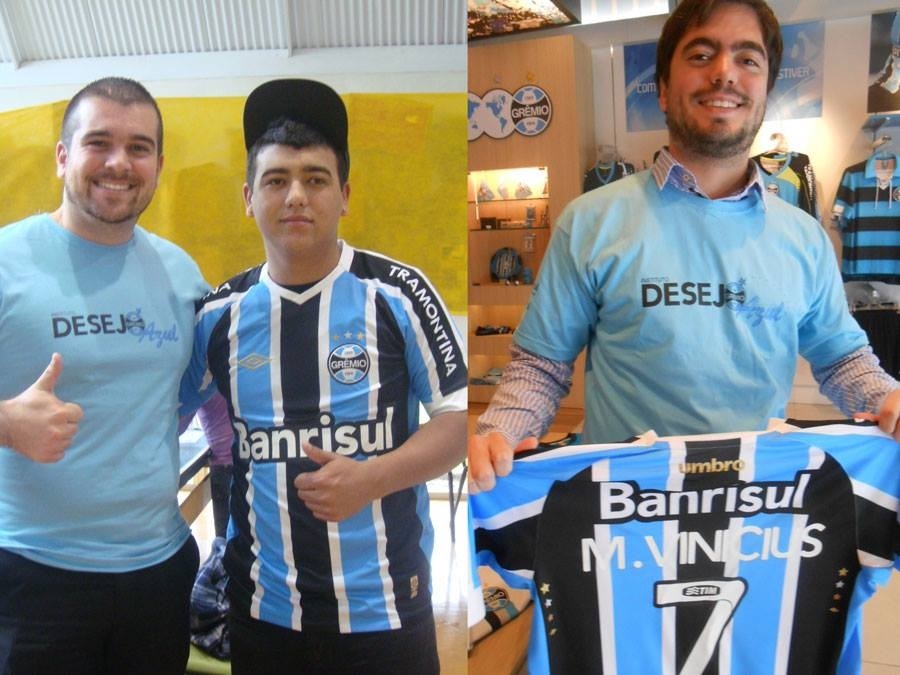 Em Porto Alegre, o voluntário Lucas Benites (foto direita) postou a camiseta do Grêmio para Santa Maria. Quem a recebeu naquela cidade foi o voluntário Felipe Medeiros Rodrigues, que tratou de entregar em mãos para o gremistão Marcos Vinicius que faz faz tratamento na Turma do Ique.