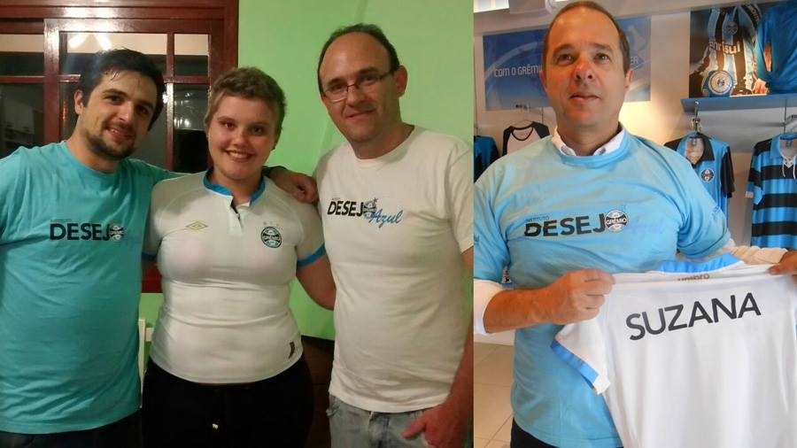 Em Porto Alegre o voluntário FELIPE SILVEIRA MARTINS postou pelos Correios a camiseta do Grêmio para a cidade de Getúlio Vargas onde mora o voluntário MAURO BRACHER JÚNIOR. Mauro tratou de viajar para a cidade de ESTAÇÃO juntamente com Marcelo Basso onde mora SUZANA que recebeu em mãos este presentão azul. É a corrente tricolor do bem em ação novamente.