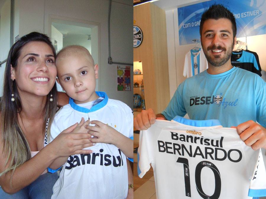 A voluntária Fernanda Goulart Saldanha e Bernardo. Á direita o voluntário Eduardo Virgili em Porto Alegre. Em Porto Alegre o voluntário Eduardo Virgili postou pelos Correios a camiseta do Grêmio para Santa Maria. Quem primeiro recebeu naquela cidade foi a voluntária Fernanda Goulart Saldanha que tratou de entregar ao mãos para o Bernardo que faz tratamento na Turma do Ique.