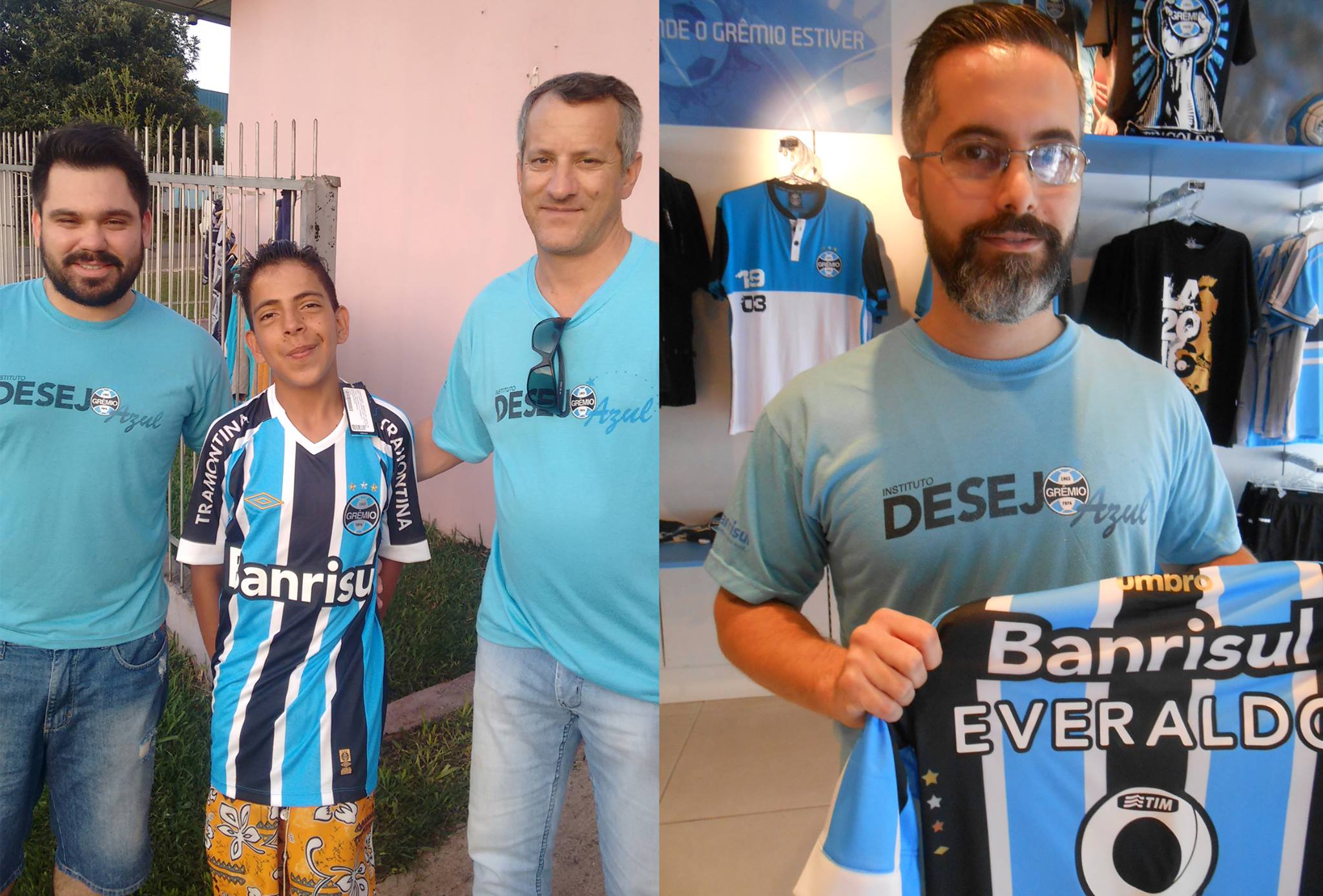 Em Porto Alegre o voluntário Filipe Feijó tratou de enviar pelos Correios a camiseta do Tricolor para Tapejara/RS. Neste cidade os voluntários Alex Danelli e Altemir Abido recebram o presentão azul e se encarregaram de entregar em mãos para o menino Everaldo.