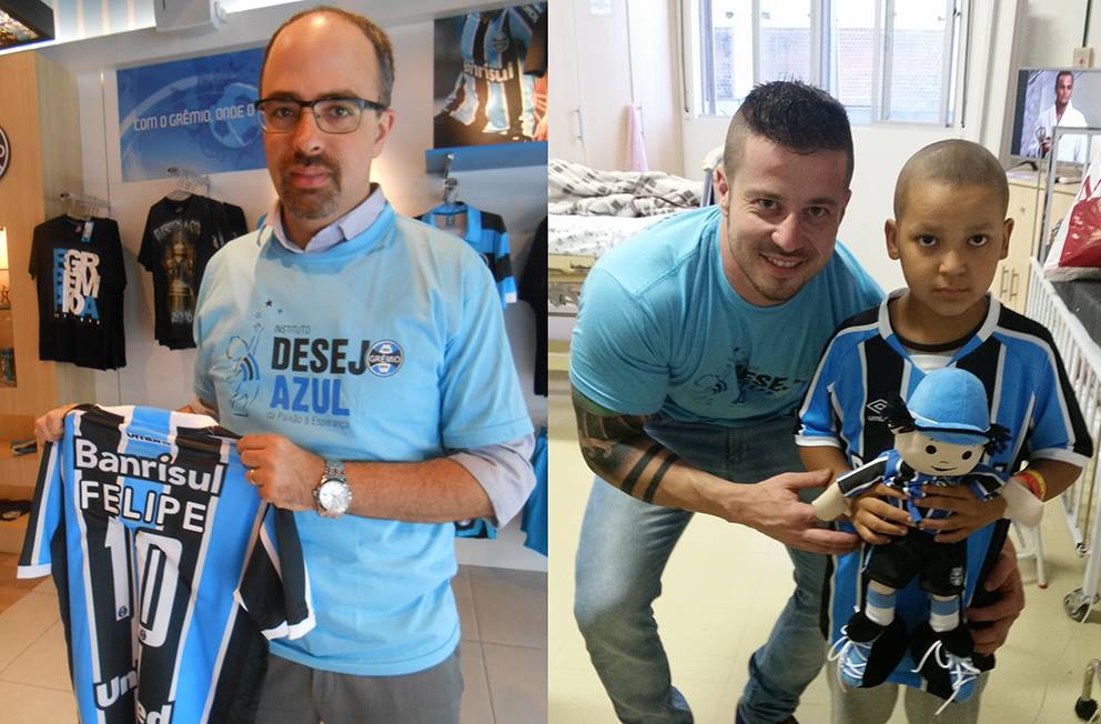 A corrente do bem azul funciona assim: em Porto Alegre o voluntário Marcelo Bittencourt Martins enviou a camiseta do Grêmio para Caxias do Sul. O primeiro a receber foi o voluntário João Oliboni que depois tratou de entregar em mãos a camiseta e um boneco do Grêmio para o querido Felipe que faz tratamento no Hospital Geral de Caxias do Sul.