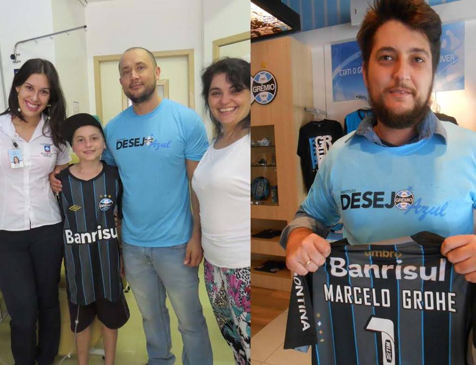 Quelvin faz tratamento no Hospital Geral de Caxias do Sul. O desejo dele era ganhar uma camiseta de goleiro do Grêmio nao com seu nome nas costas mas sim do seu ídolo Marcelo Grohe. E este desejo foi possível graças aos voluntários Mauricio Borba que enviou a camiseta pelos Correios para Caxias e o voluntário Rodrigo Lazzaroto que tratou de levar em mãos para o menino. Nossos agradecimentos também a Bruna Monsani funcionária do HG.