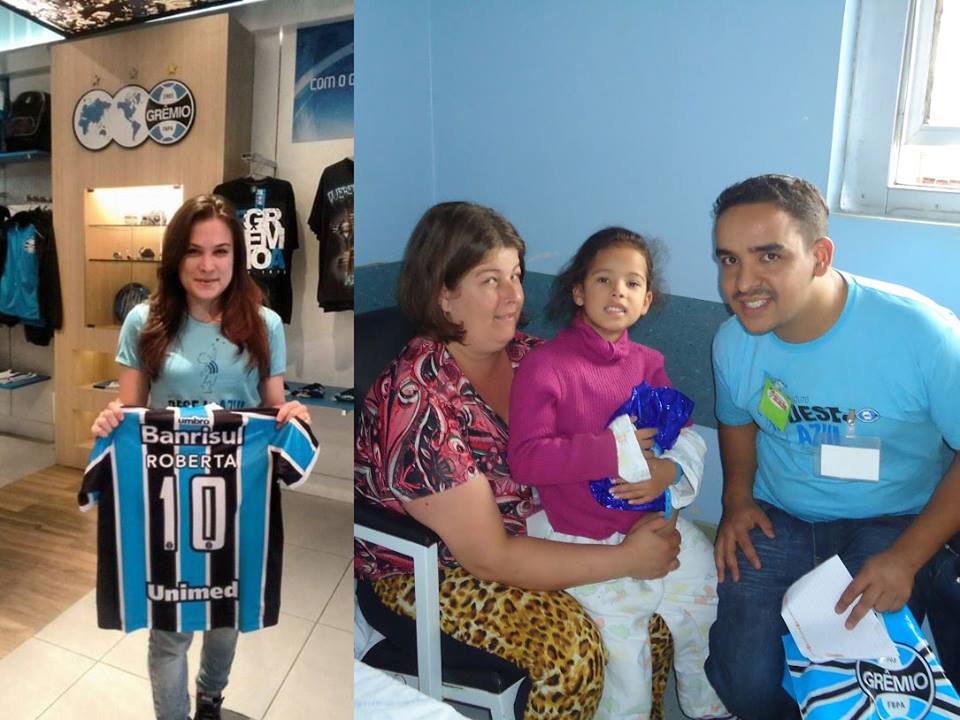 Roberta faz tratamento na Turma do Iquem em Santa Maria e desejava ganhar uma camiseta oficial do Grêmio. Para realizar esse desejo acionamos em Porto Alegre a voluntária Gabriela Medeiros que enviou pelos Correios o presentão para aquela cidade. O primeiro a receber em Santa Maria foi o voluntário Alcides Teixeira da Rocha que tratou de levar em mãos para a alegria da pequena Roberta.