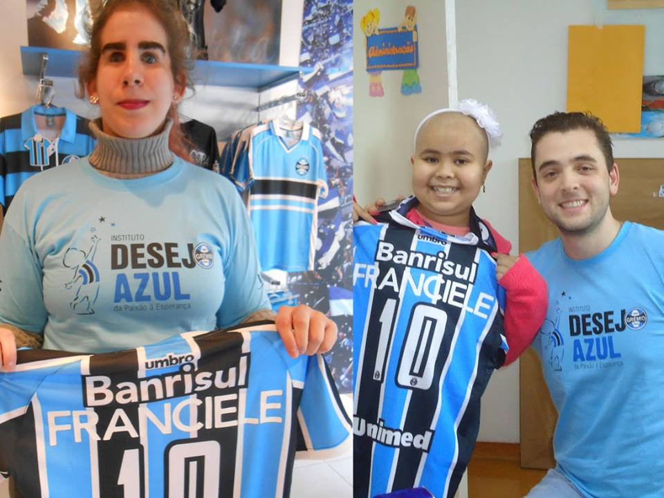 De Porto Alegre a voluntária Bianka Rauber enviou o presentão tão desejado, a camiseta do Grêmio para Santa Maria. Quem primeiro recebeu a encomenda foi o voluntário Conrado Castanho que depois tratou de levar em mãos para Franciele que faz tratamento na Turma do Ique.