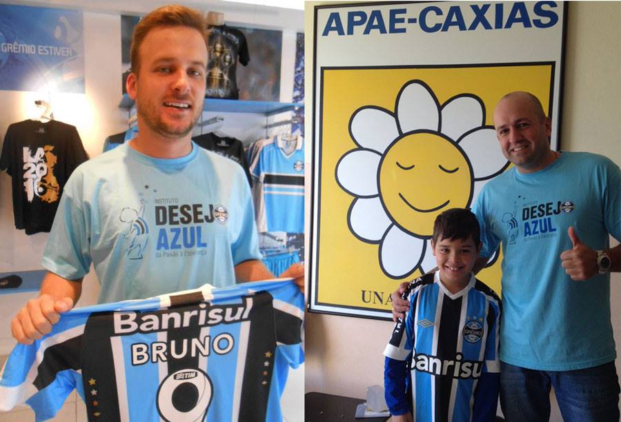 Em Porto Alegre o voluntário Marco Aurélio Teixeira postou pelos Correios a camiseta do Tricolor para Caxias do Sul. Lá quem primeiro recebeu foi o voluntário Luca da Silveira que tratou de levar em mãos para o menino Bruno estuda na APAE de Caxias. Parabéns a todos os envolvidos nessa corrente do bem azul.