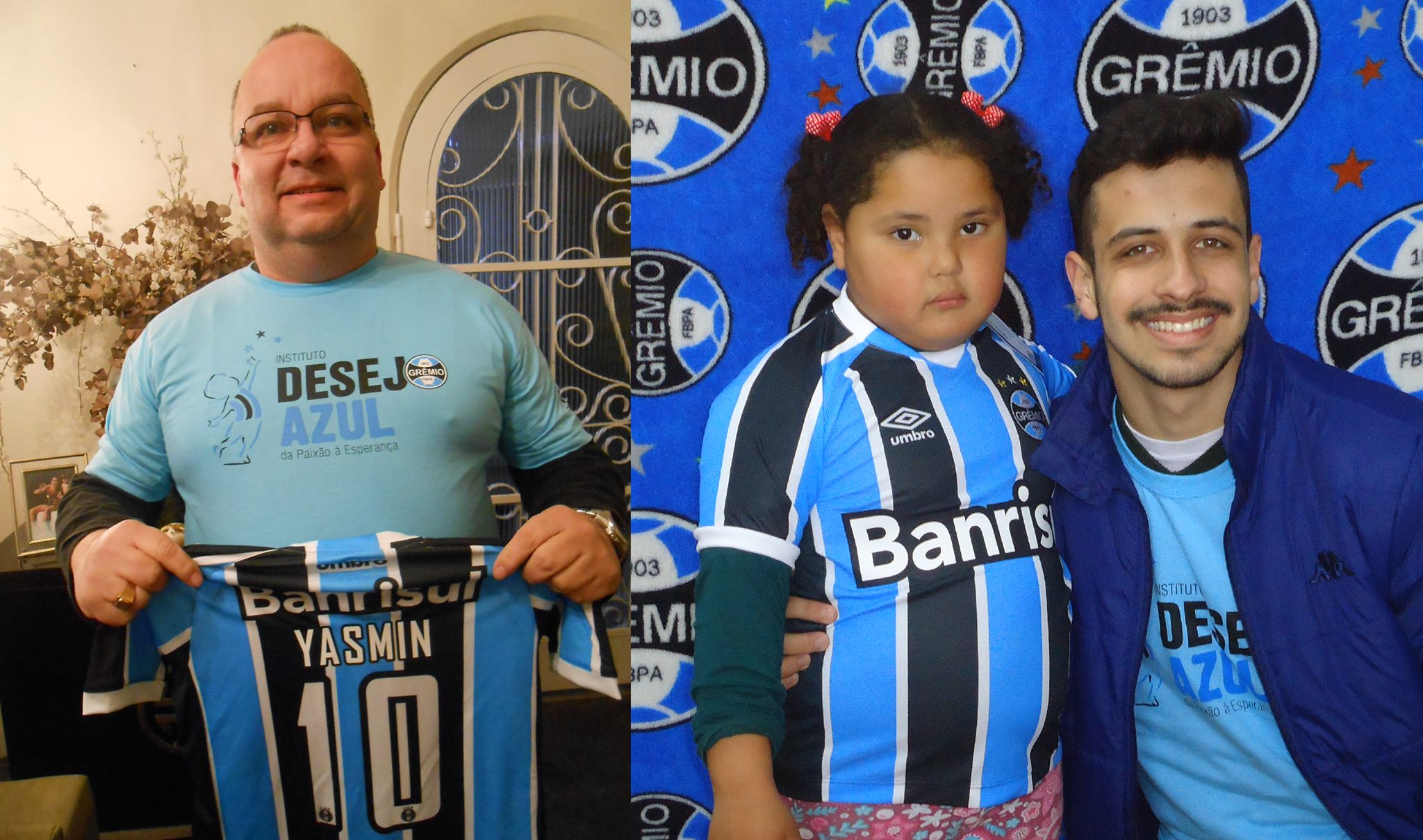 Em Porto Alegre o voluntário Marcos Fernando Leal postou a camiseta do Grêmio personalizada para Santa Maria. Quem recebeu primeiro foi o voluntário Felipe Stecca Antonello que tratou de levar em mãos para pequena gremista Yasmin que faz tratamento na Turma do Ique  o presentão azul.