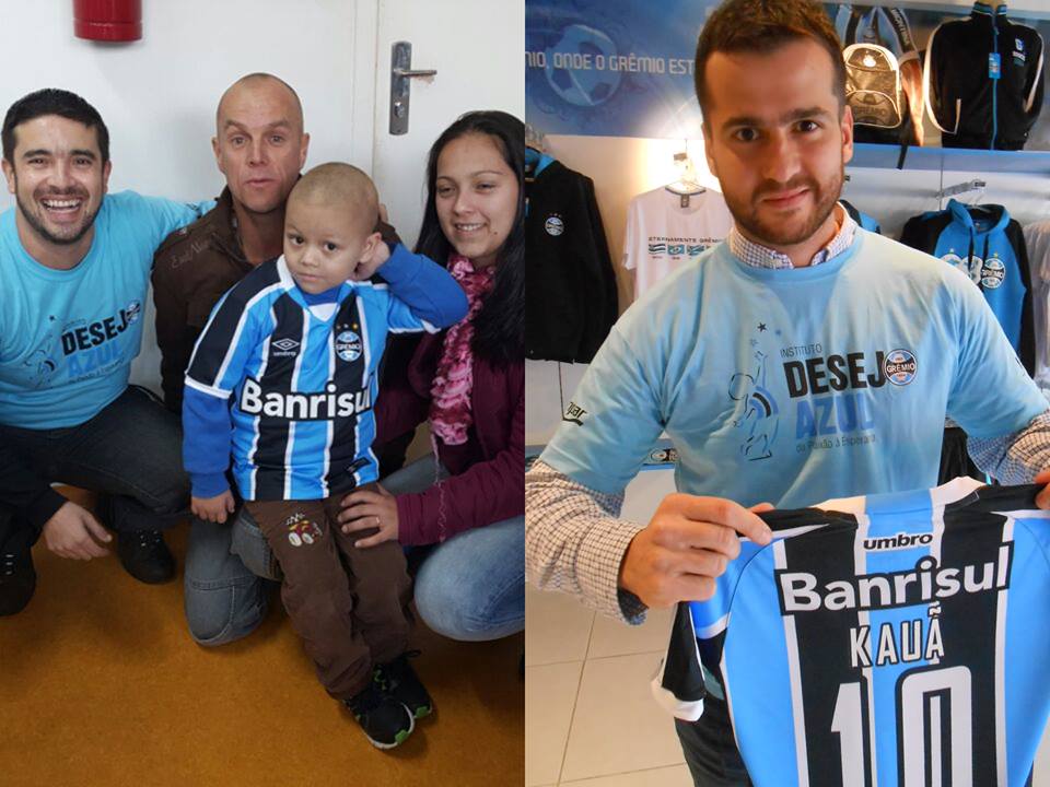 Kauã faz tratamento na Turma do Ique em Santa Maria. Para o presente azul chegar até á cidade universitário o voluntário Márcio Floriano postou pelos correios a camiseta do Grêmio para Santa Maria. O primeiro a receber foi o voluntário Geison Fricks Carvalho que tratou de levar em mãos a camiseta até Kauã.