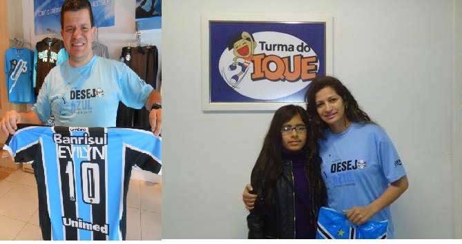 De Porto Alegre o voluntário Sandro Requena postou a camiseta do Grêmio via Correios. A primeira a receber na Cidade Universitária foi a voluntária Daniela Carvalho Ferreira que tratou de levar em mãos a camiseta oficial do Tricolor em mãos para a Evilyn que faz tratamento na Turma do Ique .