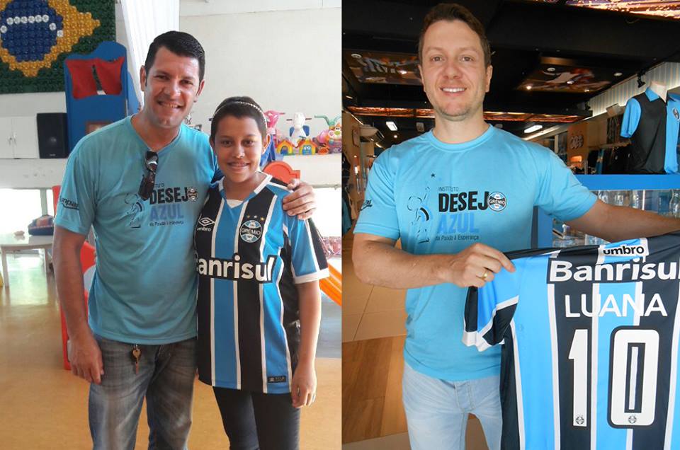 De Porto Alegre o voluntário Gustavo F. Almeida enviou a camiseta do Grêmio para Santa Maria. O primeiro a receber foi o voluntário Mauro Peixoto que tratou de levar em mãos à Luana que faz tratamento na Turma do Ique.A esquerda o voluntário Mauro Peixoto e Luana. Á direita o voluntário Gustavo Almeida enviando a camiseta de Porto Alegre.