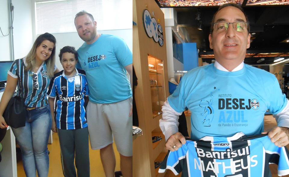 De Porto Alegre o voluntário Homero Bellini Júnior enviou a camiseta do Grêmio para Santa Maria. O primeiro a receber foi o voluntário Gabriel Pranke que tratou de levar na Turma do Ique o presentão azul em mãos para o menino Mateus.