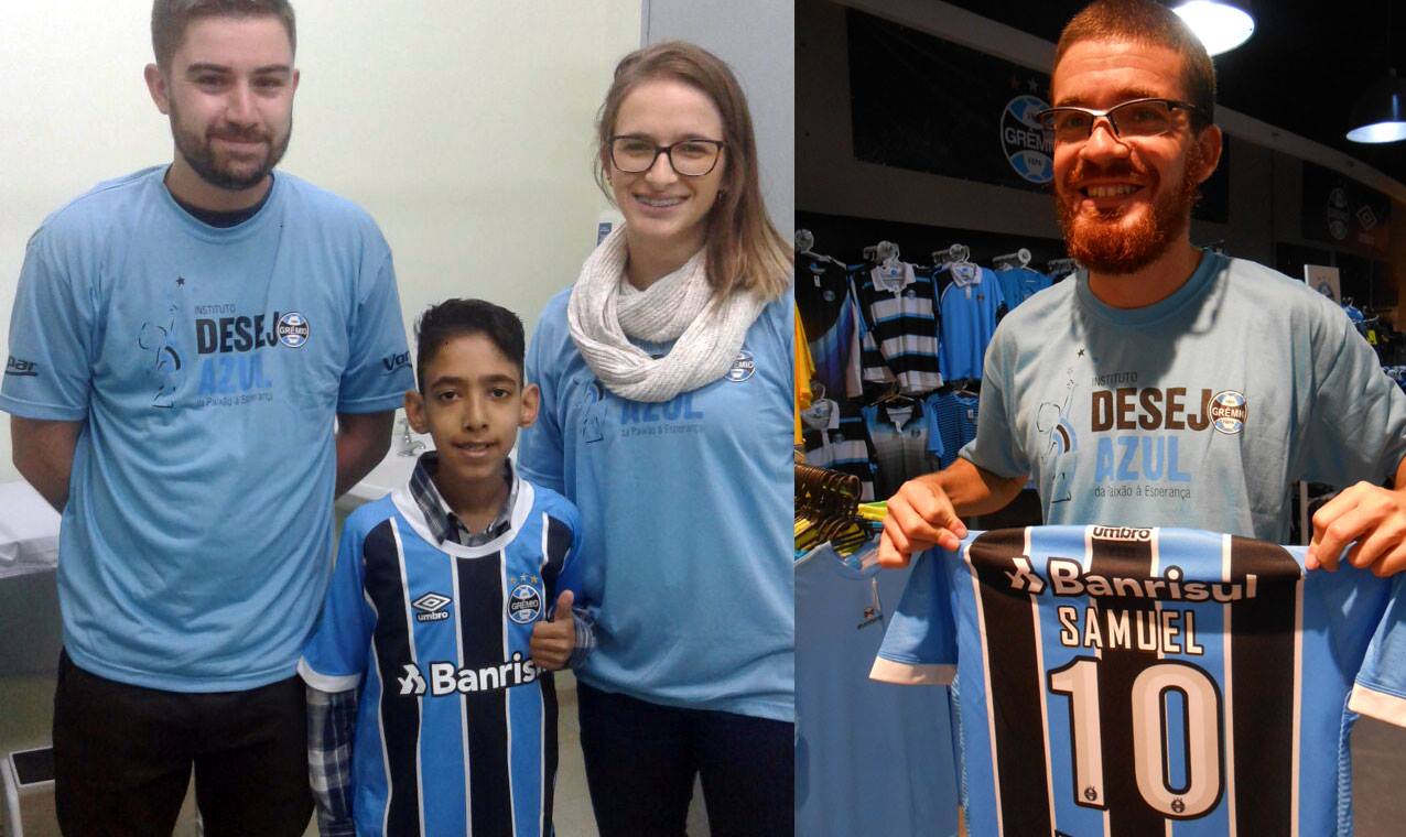 Em Porto Alegre o voluntário Dijair Brilhantes postou pelos Correios a camiseta do Grêmio para Caxias do Sul. Na cidade da serra os primeiros a receberem foram os voluntários Camila Mendes de Vargas e Vinícius André Libarti que trataram de entregar em mãos o presente para o menino Samuel que faz tratamento no Hospital Geral de Caxias do Sul.