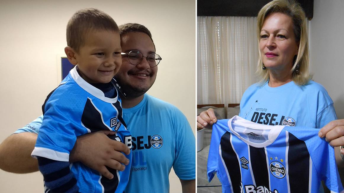 Saymon faz tratamento na Turma do Ique em Santa Maria . Para a camiseta do Grêmio chegar até ele foram acionados a voluntária Loraine Pereira em Porto Alegre que enviou pelos Correios o presente, e em SM o voluntário Alex Mendes que entregou nas mãos do menino este presentão.