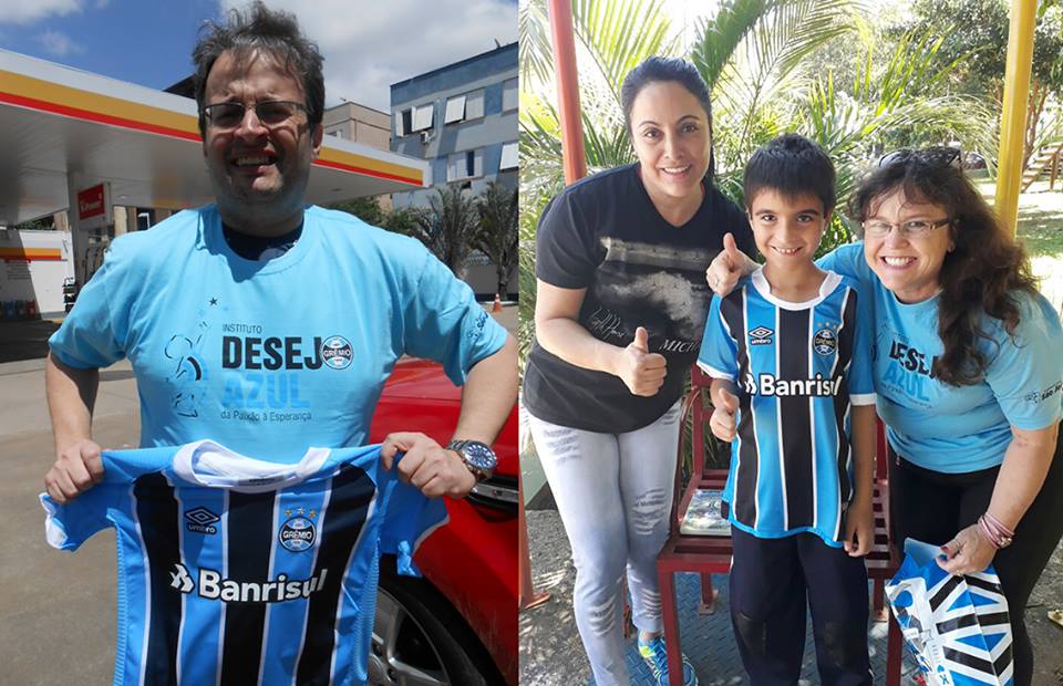 Guri pé-quente esse Guilherme da APAE de Lajeado. Ele ganhou a camiseta tricolor e o Grêmio à noite passeou na partida no Equador e está quase na final da Libertadores. Participaram da ação em Porto Alegre o voluntário Leonel Knijnik e em Lajeado as voluntárias Cátia Kist e Silvana Bagatini.