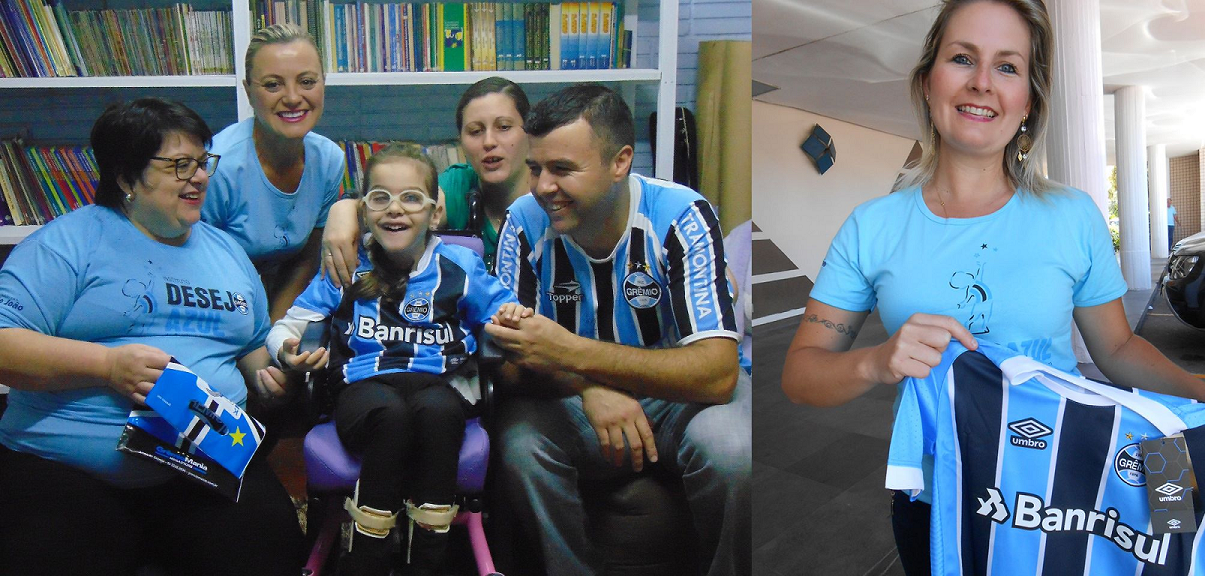 Laura faz acompanhamento na APAE de Encantado. E para a camiseta tricolor chegar até essa tri campeã mobilizamos uma força azul do bem. Em Porto Alegre a voluntária Simone Donner enviou via Sedex o presente para Encantado. A primeira a receber foi a voluntária Teresa Crippa que depois tratou de levar em mãos para a Laurinha a camiseta tricampeã da América.