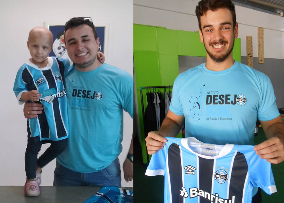 Manoela faz tratamento na Turma do Ique em Santa Maria. Para a camiseta do Grêmio chegar até ela acionamos em Porto Alegre o voluntário Eduardo Guerim. Este enviou via Correios a camiseta Tricolor diretamente para o voluntário Bruno Guth que mora em Santa Maria e que tratou de levar em mãos para Manoela a camiseta tricampeã da Libertadores.