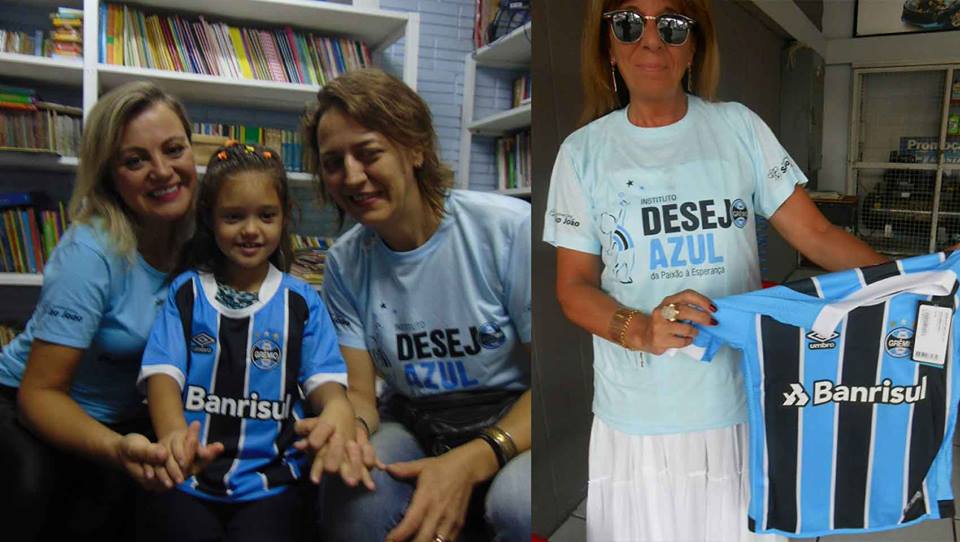 Gabriela faz acompanhamento na APAE de Encantado. Para que a camiseta do Rei de Copas chegasse a ela foram convocadas as voluntária Elen Vargas de Porto Alegre e Ester Andraschko que entregou em mãos para a menina num momento muito especial.