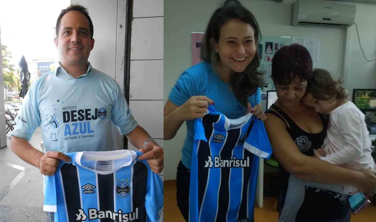 Giovana faz tratamento na Turma do Ique em Santa Maria. Esta gremista do interior do Estado agora vai poder acompanhar as finais do Gauchão vestindo azul, preto e branco com a camiseta oficial do Grêmio que ganhou dos voluntários Giovanni Forneck ( Porto Alegre ) e Gláucia Fucilini ( Santa Maria ).