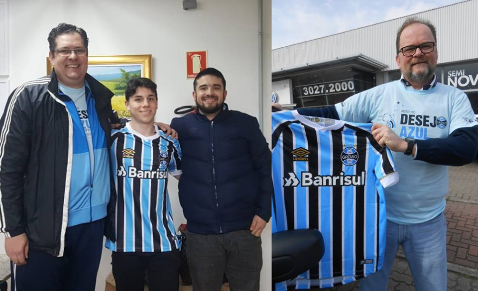 Luiz Hélio tem 14 anos e faz tratamento na Turma do Ique em Santa Maria. É um gremistão fervoroso, não perde nada quando o tricolor joga e sabe todas as notícias. Como bom tricolor o menino queria ganhar sua camiseta oficial do Grêmio. E tudo isso foi possível graças a colaboração dos voluntários Marcos Pedrazzani e Geyson em Santa Maria e Fernando Sommer em Porto Alegre.