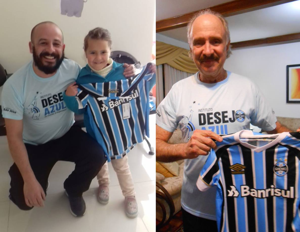 Alicia mora em Caxias do Sul. Um dos seus grandes desejos era ganhar uma camiseta oficial do Grêmio. E com a colaboração dos voluntários Fausto Difenbach em Porto Alegre e Mário Edgar Silveira Barbosa em Caxias levamos até à casa da menina este grande presente.